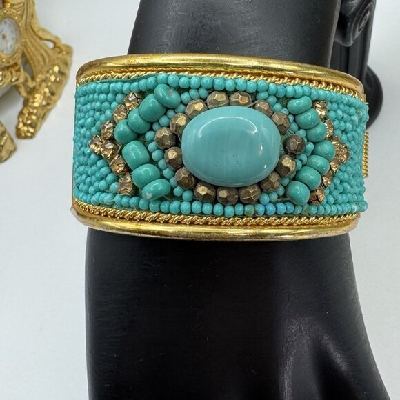 Modern Beaded Cuff Bracelet Turquoise Gold Tone Boho Statement Wide Bangle - Picture 1 of 7